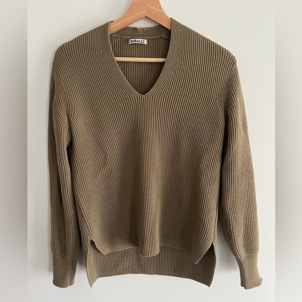 Khaki V-Neck Ribbed Sweater by Auralex